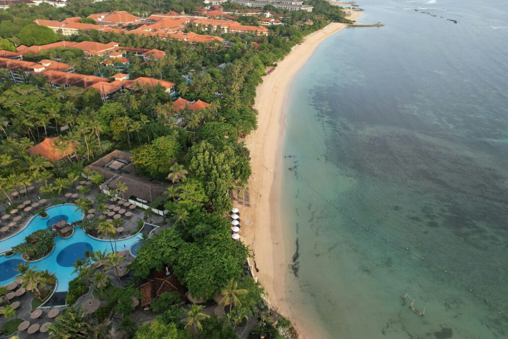 A bird's eye view of a resort and beach